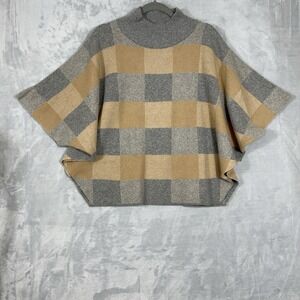 Note di Anita One Size Merino Wool Cashmere Plaid Poncho Mock Neck Boxy Italy